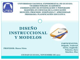UNIVERSIDAD NACIONAL EXPERIMENTAL DE GUAYANA
                     VICERRECTORADO ACADÉMICO
              COORDINACIÓN DE INVESTIGACIÓN Y POSTGRADO
                 MAESTRÍA EN CIENCIAS DE LA EDUCACIÓN
             MENCIÓN: PROCESOS ENSEÑANZA Y APRENDIZAJE
                  PROGRAMA: PLANIFICACIÓN EDUCATIVA




        DISEÑO
    INSTRUCCIONAL
      Y MODELOS
                                                    PARTICIPANTES:
                                                    Delgado, Yuderud
PROFESOR: Marco Nieto                                Girón, Zugheidy
                                                        Palacios, Sara
                                                        Sánchez, Elsa
                CIUDAD GUAYANA, NOVIEMBRE DE 2011
 