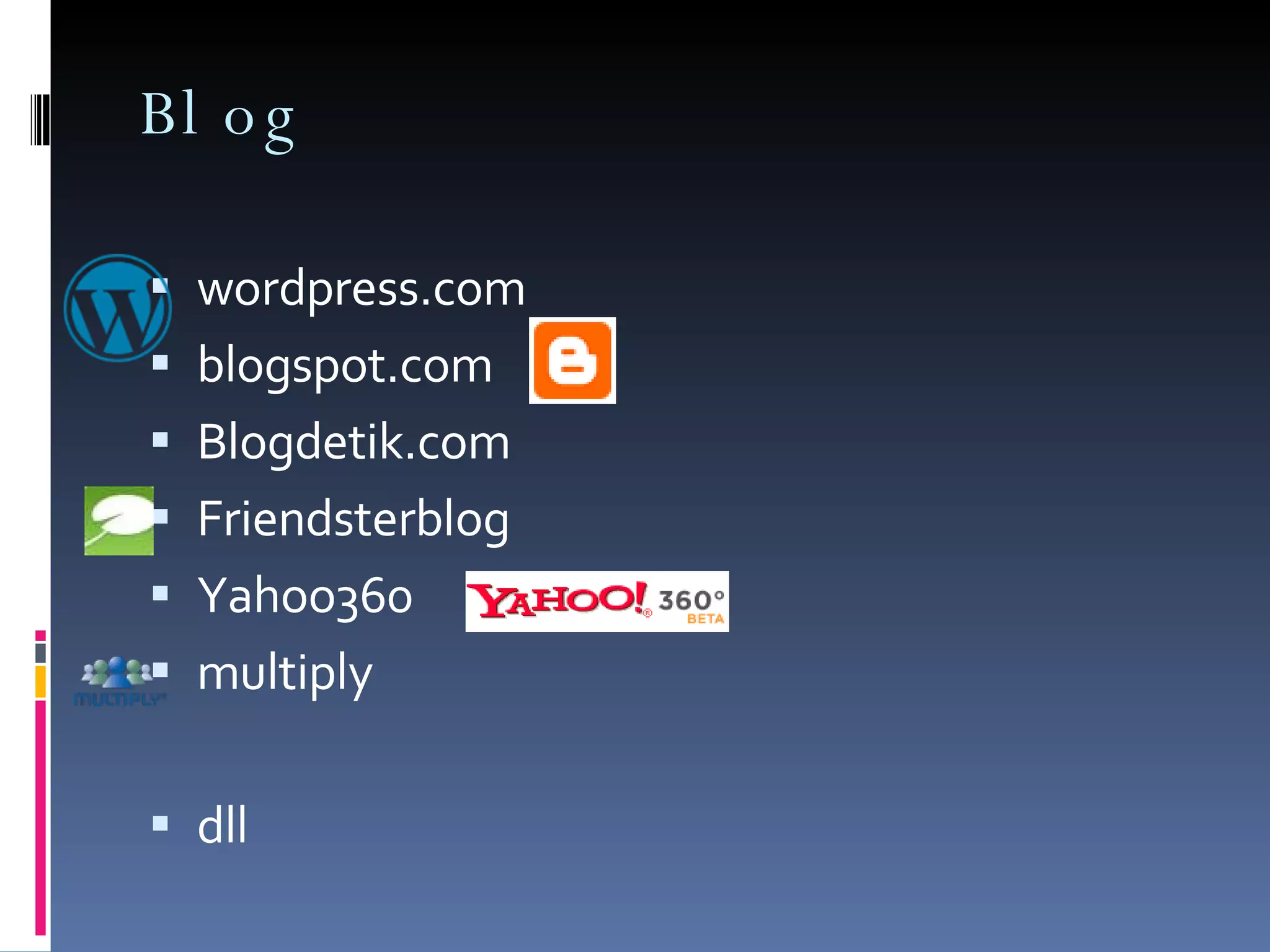 Blog wordpress.com blogspot.com Blogdetik.com Friendsterblog Yahoo360 multiply dll 
