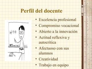 Perfil del docente  Excelencia profesional Compromiso vocacional Abierto a la innovación Actitud reflexiva y autocrítica Afectuoso con sus alumnos Creatividad Trabajo en equipo 