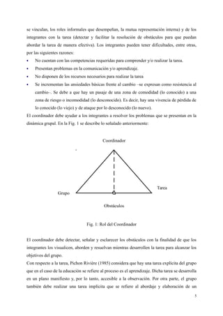 se vinculan, los roles informales que desempeñan, la mutua representación interna) y de los
integrantes con la tarea (detectar y facilitar la resolución de obstáculos para que puedan
abordar la tarea de manera efectiva). Los integrantes pueden tener dificultades, entre otras,
por las siguientes razones:
 No cuentan con las competencias requeridas para comprender y/o realizar la tarea.
 Presentan problemas en la comunicación y/o aprendizaje.
 No disponen de los recursos necesarios para realizar la tarea
 Se incrementan las ansiedades básicas frente al cambio –se expresan como resistencia al
cambio–. Se debe a que hay un pasaje de una zona de comodidad (lo conocido) a una
zona de riesgo o incomodidad (lo desconocido). Es decir, hay una vivencia de pérdida de
lo conocido (lo viejo) y de ataque por lo desconocido (lo nuevo).
El coordinador debe ayudar a los integrantes a resolver los problemas que se presentan en la
dinámica grupal. En la Fig. 1 se describe lo señalado anteriormente:
Fig. 1: Rol del Coordinador
El coordinador debe detectar, señalar y esclarecer los obstáculos con la finalidad de que los
integrantes los visualicen, aborden y resuelvan mientras desarrollen la tarea para alcanzar los
objetivos del grupo.
Con respecto a la tarea, Pichon Rivière (1985) considera que hay una tarea explícita del grupo
que en el caso de la educación se refiere al proceso es el aprendizaje. Dicha tarea se desarrolla
en un plano manifiesto y, por lo tanto, accesible a la observación. Por otra parte, el grupo
también debe realizar una tarea implícita que se refiere al abordaje y elaboración de un
5
Coordinador
Grupo
Tarea
Obstáculos
 
