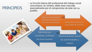 PRINCIPIOS
• La función básica del profesional del trabajo social
comunitario, en síntesis, debe estar marcada
esencialmente por el compromiso de éste con su
pueblo.
Creativo por aprovechar los
elementos existentes para
solucionar la problemática Honesto por reconocer la
potencialidad de los demás.
Optimista por
manifestar confianza
en el ser humano
Perseverante por buscar
las oportunidades y
medios
 
