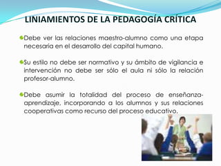 Debe ver las relaciones maestro-alumno como una etapa
necesaria en el desarrollo del capital humano.
Su estilo no debe ser normativo y su ámbito de vigilancia e
intervención no debe ser sólo el aula ni sólo la relación
profesor-alumno.
Debe asumir la totalidad del proceso de enseñanza-
aprendizaje, incorporando a los alumnos y sus relaciones
cooperativas como recurso del proceso educativo.
 