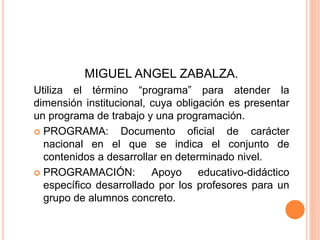 MIGUEL ANGEL ZABALZA.
Utiliza el término “programa” para atender la
dimensión institucional, cuya obligación es presentar
un programa de trabajo y una programación.
 PROGRAMA: Documento oficial de carácter
nacional en el que se indica el conjunto de
contenidos a desarrollar en determinado nivel.
 PROGRAMACIÓN: Apoyo educativo-didáctico
específico desarrollado por los profesores para un
grupo de alumnos concreto.
 