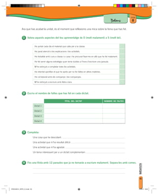 Unitat
                                                                                             Balanç             8

             Ara que has acabat la unitat, és el moment que reflexionis una mica sobre la feina que has fet.


                     Valora aquests aspectes del teu aprenentatge de 0 (molt malament) a 5 (molt bé).




                     Escriu el nombre de faltes que has fet en cada dictat.




                     Completa:
                              Una cosa que he descobert:

                              Una activitat que m’ha resultat difícil:

                              Una activitat que m’ha agradat:

                              Un tema interessant per a un dictat complementari:



                     Fes una llista amb 12 paraules que ja no tornaràs a escriure malament. Separa-les amb comes.




                                                                                                                         83



BT00198101_ORTO_3_8.indd 83                                                                                             15/03/11 8:58
 