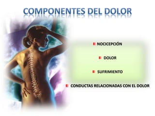 NOCICEPCIÓN
DOLOR
SUFRIMIENTO
CONDUCTAS RELACIONADAS CON EL DOLOR
 