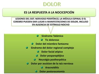 Síndrome Talámico
Tic doloroso
Dolor del miembro fantasma
Síndrome del dolor regional complejo
Dolor facial atípico
Dolor posparapléjico
Neuralgia postherpética
Dolor por avulsion de la raíz nerviosa
Aracnoiditis
Dolor postoracotomía
ES LA RESPUESTA A LA NOCICEPCIÓN
LESIONES DEL SIST. NERVIOSO PERIFÉRICO, LA MÉDULA ESPINAL O EL
CEREBRO PUEDEN DAR LUGAR A MANIFESTACIONES DE DOLOR, INCLUSO
EN AUSENCIA DE ESTÍMULO NOCIVO
 