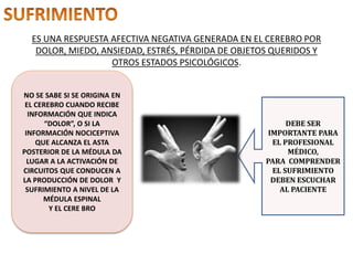 ES UNA RESPUESTA AFECTIVA NEGATIVA GENERADA EN EL CEREBRO POR
DOLOR, MIEDO, ANSIEDAD, ESTRÉS, PÉRDIDA DE OBJETOS QUERIDOS Y
OTROS ESTADOS PSICOLÓGICOS.
NO SE SABE SI SE ORIGINA EN
EL CEREBRO CUANDO RECIBE
INFORMACIÓN QUE INDICA
“DOLOR”, O SI LA
INFORMACIÓN NOCICEPTIVA
QUE ALCANZA EL ASTA
POSTERIOR DE LA MÉDULA DA
LUGAR A LA ACTIVACIÓN DE
CIRCUITOS QUE CONDUCEN A
LA PRODUCCIÓN DE DOLOR Y
SUFRIMIENTO A NIVEL DE LA
MÉDULA ESPINAL
Y EL CERE BRO
DEBE SER
IMPORTANTE PARA
EL PROFESIONAL
MÉDICO,
PARA COMPRENDER
EL SUFRIMIENTO
DEBEN ESCUCHAR
AL PACIENTE
 