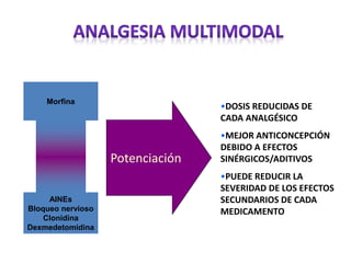 Morfina
AINEs
Bloqueo nervioso
Clonidina
Dexmedetomidina
Potenciación
•DOSIS REDUCIDAS DE
CADA ANALGÉSICO
•MEJOR ANTICONCEPCIÓN
DEBIDO A EFECTOS
SINÉRGICOS/ADITIVOS
•PUEDE REDUCIR LA
SEVERIDAD DE LOS EFECTOS
SECUNDARIOS DE CADA
MEDICAMENTO
 