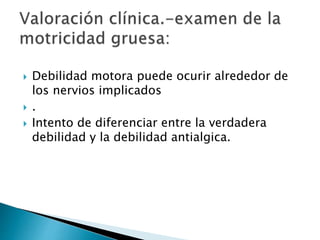  Debilidad motora puede ocurir alrededor de
los nervios implicados
 .
 Intento de diferenciar entre la verdadera
debilidad y la debilidad antialgica.
 