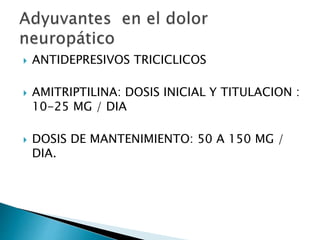  ANTIDEPRESIVOS TRICICLICOS
 AMITRIPTILINA: DOSIS INICIAL Y TITULACION :
10-25 MG / DIA
 DOSIS DE MANTENIMIENTO: 50 A 150 MG /
DIA.
 