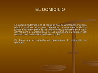 EL DOMICILIO


En cambio el domicilio es el centro al cual se refieren los mayores
efectos jurídicos, sirve para determinar la competencia de los
jueces y la mayor parte de los actos civiles, igualmente es el lugar
normal para el cumplimiento de las obligaciones y también del
ejercicio de los derechos políticos o civiles.

En tanto que el domicilio es permanente, la residencia es
temporal.
 