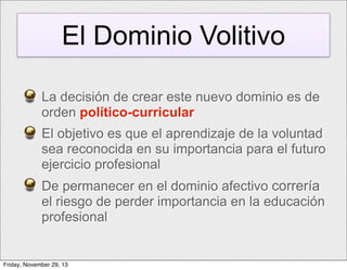 El Dominio Volitivo
La decisión de crear este nuevo dominio es de
orden político-curricular
El objetivo es que el aprendizaje de la voluntad
sea reconocida en su importancia para el futuro
ejercicio profesional
De permanecer en el dominio afectivo correría
el riesgo de perder importancia en la educación
profesional

Friday, November 29, 13

 