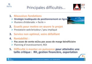 1. Mauvaises fondations
Stratégie inadéquate de positionnement en ligne
Illusions d’eldorado: « facile »
2. Ecueils pour mettre en œuvre le projet
Prestataire web bricoleur / peu impliqué
3. Service non optimal, voire défaillant
4. Rentabilité :
Pas assez de vente et/ou pas assez de marge bénéficiaire
Planning d’investissement; ROI
5. Difficulté à monter en puissance pour atteindre une
taille critique : RH, gestion financière, exportation
° retis
www.retis.be
CLÉS DE RÉUSSITE EN E-COMMERCE - (C) D. JACOB (2014)
Principales difficultés…
 
