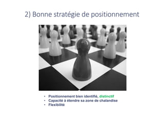 2) Bonne stratégie de positionnement
• Positionnement bien identifié, distinctif
• Capacité à étendre sa zone de chalandise
• Flexibilité
 