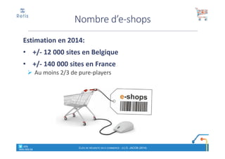 Estimation en 2014:
• +/- 12 000 sites en Belgique
• +/- 140 000 sites en France
Au moins 2/3 de pure-players
Nombre d’e-shops
° retis
www.retis.be
CLÉS DE RÉUSSITE EN E-COMMERCE - (C) D. JACOB (2014)
 