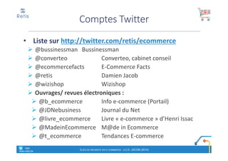 • Liste sur http://twitter.com/retis/ecommerce
@bussinessman Bussinessman
@converteo Converteo, cabinet conseil
@ecommercefacts E-Commerce Facts
@retis Damien Jacob
@wizishop Wizishop
Ouvrages/ revues électroniques :
@b_ecommerce Info e-commerce (Portail)
@JDNebusiness Journal du Net
@livre_ecommerce Livre « e-commerce » d’Henri Issac
@MadeinEcommerce M@de in Ecommerce
@t_ecommerce Tendances E-commerce
Comptes Twitter
° retis
www.retis.be
CLÉS DE RÉUSSITE EN E-COMMERCE - (C) D. JACOB (2014)
 
