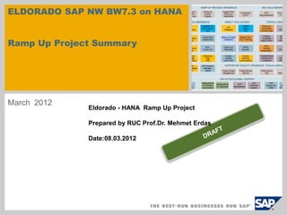 ELDORADO SAP NW BW7.3 on HANA 
Ramp Up Project Summary 
March 2012 
Eldorado - HANA Ramp Up Project 
Prepared by RUC Prof.Dr. Mehmet Erdas 
Date:08.03.2012 
 