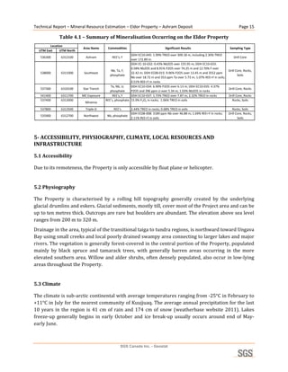 Technical Report – Mineral Resource Estimation – Eldor Property – Ashram Deposit                                                        Page 15 

               Table 4.1 – Summary of Mineralisation Occurring on the Eldor Property 
          Location
                            Area Name      Commodities                             Significant Results                           Sampling Type
    UTM East    UTM North
                                                           DDH EC10‐045: 1.99% TREO over 309.18 m, including 2.30% TREO 
    536300      6312100       Ashram           REE's, F                                                                           Drill Core
                                                           over 172.89 m.
                                                           DDH EC‐10‐032: 0.43% Nb2O5 over 155.95 m; DDH EC10‐033: 
                                                           0.58% Nb2O5 and 8.91% P2O5 over 74.25 m and 12.70% F over 
                                              Nb, Ta, F,                                                                      Drill Core, Rocks, 
    538000      6311000      Southeast                     32.42 m; DDH EC08‐015: 9.96% P2O5 over 13.45 m and 3552 ppm 
                                             phosphate                                                                               Soils
                                                           Nb over 18.72 m and 353 ppm Ta over 5.73 m; 1.07% REE+Y in soils; 
                                                           0.51% REE+Y in rocks
                                             Ta, Nb, U,    DDH EC10‐034: 6.90% P2O5 over 6.13 m; DDH EC10‐035: 4.37% 
    537300      6310100     Star Trench                                                                                       Drill Core, Rocks
                                             phosphate     P2O5 and 396 ppm U over 5.34 m; 1.03% Nb2O5 in rocks
    541400      6311700     MC Exposure        REE's, F    DDH EC10‐037: 1.73% TREO over 7.87 m; 2.32% TREO in rocks          Drill Core, Rocks
    537400      6313000                   REE's, phosphate 15.9% P2O5 in rocks;  1.06% TREO in soils                             Rocks, Soils
                             Miranna
    537800      6313500       Triple‐D         REE's       2.44% TREO in rocks; 0.68% TREO in soils                                Rocks, Soils
                                                           DDH EC08‐008: 3189 ppm Nb over 46.88 m; 1.69% REE+Y in rocks;        Drill Core, Rocks, 
    535900      6312700      Northwest     Nb, phosphate
                                                           2.11% REE+Y in soils                                                        Soils           
 
5­ ACCESSIBILITY, PHYSIOGRAPHY, CLIMATE, LOCAL RESOURCES AND 
INFRASTRUCTURE 

5.1 Accessibility 

Due to its remoteness, the Property is only accessible by float plane or helicopter. 
 
5.2 Physiography 

The  Property  is  characterised  by  a  rolling  hill  topography  generally  created  by  the  underlying 
glacial drumlins and eskers. Glacial sediments, mostly till, cover most of the Project area and can be 
up to ten metres thick. Outcrops are rare but boulders are abundant. The elevation above sea level 
ranges from 200 m to 320 m. 
Drainage in the area, typical of the transitional taiga to tundra regions, is northward toward Ungava 
Bay using small creeks and local poorly drained swampy area connecting to larger lakes and major 
rivers. The vegetation is generally forest‐covered in the central portion of the Property, populated 
mainly  by  black  spruce  and  tamarack  trees,  with  generally  barren  areas  occurring  in  the  more 
elevated southern area. Willow and alder shrubs, often densely populated, also occur in low‐lying 
areas throughout the Property. 
 
5.3 Climate 

The climate is sub‐arctic continental with average temperatures ranging from ‐25°C in February to 
+11°C in July for the nearest community of Kuujjuaq. The average annual precipitation for the last 
10  years  in  the  region  is  41  cm  of  rain  and  174  cm  of  snow  (weatherbase  website  2011).  Lakes 
freeze‐up  generally  begins  in  early  October  and  ice  break‐up  usually  occurs  around  end  of  May‐
early June. 



                                                    SGS Canada Inc. - Geostat
 
