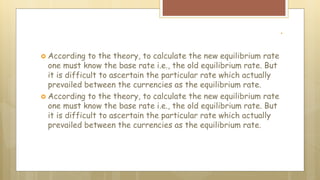  According to the theory, to calculate the new equilibrium rate
one must know the base rate i.e., the old equilibrium rate. But
it is difficult to ascertain the particular rate which actually
prevailed between the currencies as the equilibrium rate.
 According to the theory, to calculate the new equilibrium rate
one must know the base rate i.e., the old equilibrium rate. But
it is difficult to ascertain the particular rate which actually
prevailed between the currencies as the equilibrium rate.
.
 