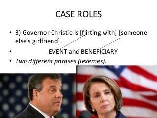 CASE ROLES 
• 3) Governor Christie is [flirting with] [someone 
else’s girlfriend]. 
• EVENT and BENEFICIARY 
• Two different phrases (lexemes). 
 