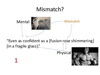 Mismatch? 
Mental 
Mismatch 
“Even as confident as a [fusion rose shimmering] 
[in a fragile glass].” 
Physical 
1 
 