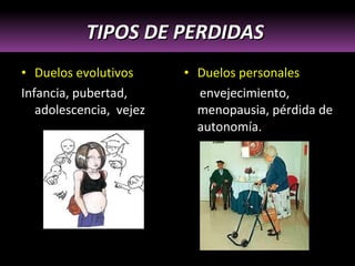 TIPOS DE PERDIDAS  Duelos evolutivos Infancia, pubertad, adolescencia,  vejez Duelos personales envejecimiento, menopausia, pérdida de autonomía. 