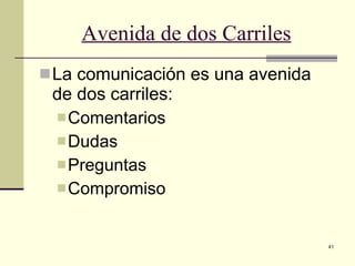 Avenida de dos Carriles La comunicación es una avenida de dos carriles: Comentarios Dudas Preguntas Compromiso 