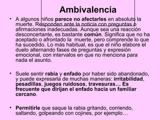 Ambivalencia
• A algunos niños parece no afectarles en absoluto la
  muerte. Responden ante la noticia con preguntas o
  afirmaciones inadecuadas. Aunque sea una reacción
  desconcertante, es bastante común. Significa que no ha
  aceptado o afrontado la muerte, pero comprende lo que
  ha sucedido. Lo más habitual, es que el niño elabore el
  duelo alternando fases de preguntas y expresión
  emocional, con intervalos en que no menciona para
  nada el asunto.

• Suele sentir rabia y enfado por haber sido abandonado,
  y puede expresarla de muchas maneras: irritabilidad,
  pesadillas, juegos ruidosos, travesuras… Es
  frecuente que dirijan el enfado hacia un familiar
  cercano.

• Permitirle que saque la rabia gritando, corriendo,
  saltando, golpeando con cojines, por ejemplo…
 