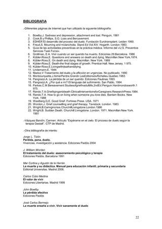 22
BIBLIOGRAFIA
.-Diferentes páginas de Internet que han utilizado la siguiente bibliografía:
1. Bowlby,J. Sadness and depression, attachment and lost. Penguin, 1981
2. Cook,B y Phillips, S.G. Loss and Bercavement.
3. EDHER El desarrollo del proceso del duelo. Fundación Eurotransplant. Leiden 1990.
4. Freud,S. Mouming and mclancholia. Stand.Ed Vol.XIV. Hogarth. London.1983.
5. Guía de las actividades preventivas en la práctica médica. Informe del «U.S. Preventive
Services Task Force».
6. Grollman, E.A. Vivir cuando un ser querido ha muerto. Ediciones 29.Barcelona. 1986
7. Kübler-Ross,E. Questions and answers on death and dying. Macmillan.New York,1974.
8. Kübler-Ross,E. On death and dying. Macmillan. New York. 1969
9. Kübler-Ross,E. Death-the final stages of growth. Prentice Hall. New Jersey. 1 975.
10. Kübler-Ross,E.Livingwithdeathanddying.
11. Lindemann,E. 1944
12. Madoz,V Tratamiento del duelo y la aflicción en urgencias. No publicado. 1990
13. Monbourquette,J.AimerPerdre,Grandir.LesEditionsduRichelieu.Quebec.1983.
14. Pangrazzi,A. La pérdida de un ser querido. Ediciones Paulinas.1993.
15. Pangrazzi,A. ¿Por qué a mí? El lenguaje del sufrimiento. San Pablo, 1994.
16. Parkes,C.M.Bereavement.Studiesofgriefinadultlife,2ndEd.Penguin.Hardmondosworth.1
975.
17. Rando,T.A.Griefdyinganddeath:ClinicalInterventionsforCaregivers.ResearchPress.1984.
18. Rando,T.A. How to go on living when someone you love dies. Bantam Books. New
York. 1988
19. Westberg,G.E. Good Grief. Fortress Press. USA. 1971
20. Wordon,J. Grief counselling and grief therapy. Tavistock. London. 1983.
21. Wright,B.Caringincrisis.ChurchillLivingstone.London.1986
22. Wright,B. Sudden Death. Churchill Livingstone. London. 1971. Macmillan.New York.
1991
.-Vázquez Bandín, Carmen. Artículo “Espérame en el cielo. El proceso de duelo según la
terapia Gestalt”. CTP de Madrid.
.-Otra bibliografía de interés:
Jorge L. Tizón.
Perdida, pena, duelo.
Vivencias, investigación y asistencia. Ediciones Paidós 2004
J. William Worden
El tratamiento del duelo: asesoramiento psicológico y terapia
Ediciones Paidós. Barcelona 1991
Mar Cortina y Agustin de la Herrán
La muerte y su didáctica. Manual para educación infantil, primaria y secundaria
Editorial Universitas. Madrid 2006.
Carlos Cobo Medina
El valor de vivir
Ediciones Libertarias. Madrid 1999
John Bowlby
La pérdida afectiva
Ediciones Paidós
José Carlos Bermejo
La muerte enseña a vivir. Vivir sanamente el duelo
 