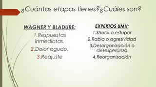 ¿Cuántas etapas tienes?¿Cuáles son? 
WAGNER Y BLADURE: 
1.Respuestas 
inmediatas. 
2.Dolor agudo. 
3.Reajuste 
EXPERTOS UMH: 
1.Shock o estupor 
2.Rabia o agresividad 
3.Desorganización o 
desesperanza 
4.Reorganización 
 
