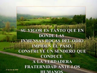 SU VIGOR ES TANTO QUE EN DONDE LAS  INMENSAS ROCAS DEL ODIO IMPIDEN EL PASO, CONSTRUYE UN SENDERO QUE CONDUCE  A LA VERDADERA FRATERNIDAD ANTE LOS HUMANOS . 17 de nov de 2009 