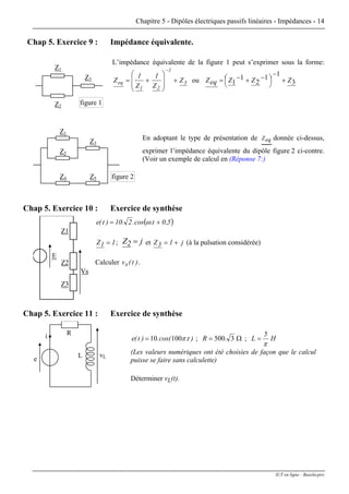 Chapitre 5 - Dipôles électriques passifs linéaires - Impédances - 14
Chap 5. Exercice 9 : Impédance équivalente.
L’impédance équivalente de la figure 1 peut s’exprimer sous la forme:
3
1
21
eq Z
Z
1
Z
1
Z +
⎟
⎟
⎠
⎞
⎜
⎜
⎝
⎛
+=
−
ou 3
1
1
2
1
1 ZZZeqZ +
−
⎟
⎠
⎞⎜
⎝
⎛ −+−=
Z1
Z2
Z3
figure 1
Z1
Z2
Z3
figure 2Z4 Z5
En adoptant le type de présentation de Zeq donnée ci-dessus,
exprimer l’impédance équivalente du dipôle figure 2 ci-contre.
(Voir un exemple de calcul en (Réponse 7:)
Chap 5. Exercice 10 : Exercice de synthèse
( )5,0t.cos.2.10)t(e += ω
Vs
Z1
Z2
E
Z3
1Z1 = ; jZ2 = et j1Z3 += (à la pulsation considérée)
Calculer .)t(vs
Chap 5. Exercice 11 : Exercice de synthèse
L
e
R
vL
i )t.cos(.)t(e π10010= ; Ω= 3500.R ; H
5
L
π
=
(Les valeurs numériques ont été choisies de façon que le calcul
puisse se faire sans calculette)
Déterminer vL(t).
IUT en ligne - Baselecpro
 