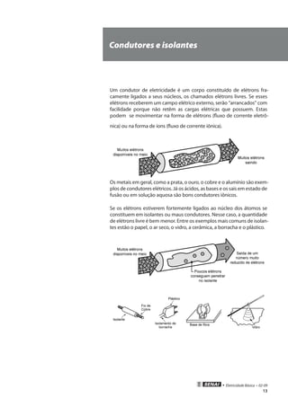 • Eletricidade Básica • 02-09
13
Condutores e isolantes
Um condutor de eletricidade é um corpo constituído de elétrons fra-
camente ligados a seus núcleos, os chamados elétrons livres. Se esses
elétrons receberem um campo elétrico externo, serão “arrancados” com
facilidade porque não retêm as cargas elétricas que possuem. Estas
podem se movimentar na forma de elétrons (fluxo de corrente eletrô-
nica) ou na forma de íons (fluxo de corrente iônica).
Os metais em geral, como a prata, o ouro, o cobre e o alumínio são exem-
plos de condutores elétricos. Já os ácidos, as bases e os sais em estado de
fusão ou em solução aquosa são bons condutores iônicos.
Se os elétrons estiverem fortemente ligados ao núcleo dos átomos se
constituem em isolantes ou maus condutores. Nesse caso, a quantidade
de elétrons livre é bem menor. Entre os exemplos mais comuns de isolan-
tes estão o papel, o ar seco, o vidro, a cerâmica, a borracha e o plástico.
 