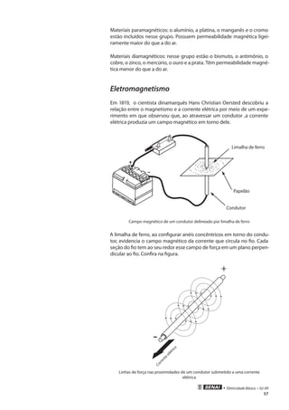 • Eletricidade Básica • 02-09
57
Materiais paramagnéticos: o alumínio, a platina, o manganês e o cromo
estão incluídos nesse grupo. Possuem permeabilidade magnética ligei-
ramente maior do que a do ar.
Materiais diamagnéticos: nesse grupo estão o bismuto, o antimônio, o
cobre, o zinco, o mercúrio, o ouro e a prata. Têm permeabilidade magné-
tica menor do que a do ar.
Eletromagnetismo
Em 1819, o cientista dinamarquês Hans Christian Oersted descobriu a
relação entre o magnetismo e a corrente elétrica por meio de um expe-
rimento em que observou que, ao atravessar um condutor ,a corrente
elétrica produzia um campo magnético em torno dele.
Limalha de ferro
Papelão
Condutor
Campo magnético de um condutor delineado por limalha de ferro
A limalha de ferro, ao configurar anéis concêntricos em torno do condu-
tor, evidencia o campo magnético da corrente que circula no fio. Cada
seção do fio tem ao seu redor esse campo de força em um plano perpen-
dicular ao fio. Confira na figura.
+
-
Corrente
elétrica
Linhas de força nas proximidades de um condutor submetido a uma corrente
elétrica
 