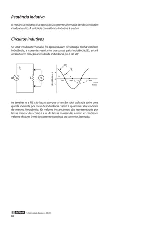 • Eletricidade Básica • 02-09
68
Reatância indutiva
A reatância indutiva é a oposição à corrente alternada devido à indutân-
cia do circuito. A unidade da reatância indutiva é o ohm.
Circuitos indutivos
Seumatensãoalternada(u)foraplicadaaumcircuitoquetenhasomente
indutância, a corrente resultante que passa pela indutância,(iL), estará
atrasada em relação à tensão da indutância, (uL), de 90 °.
iL
uL
iL
uL
90º 180º 270º 360º
Tempo
Amplitude,u,i
0
-
+
u L
As tensões u e UL são iguais porque a tensão total aplicada sofre uma
queda somente por meio de indutância. Tanto iL quanto uL são senóides
de mesma frequência. Os valores instantâneos são representados por
letras minúsculas como i e u. As letras maiúsculas como I e U indicam
valores eficazes (rms) de corrente contínua ou corrente alternada.
 