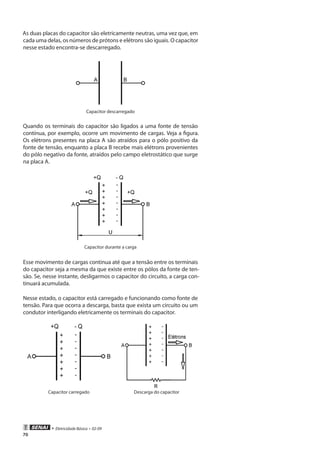 • Eletricidade Básica • 02-09
70
As duas placas do capacitor são eletricamente neutras, uma vez que, em
cada uma delas, os números de prótons e elétrons são iguais. O capacitor
nesse estado encontra-se descarregado.
Capacitor descarregado
Quando os terminais do capacitor são ligados a uma fonte de tensão
contínua, por exemplo, ocorre um movimento de cargas. Veja a figura.
Os elétrons presentes na placa A são atraídos para o pólo positivo da
fonte de tensão, enquanto a placa B recebe mais elétrons provenientes
do pólo negativo da fonte, atraídos pelo campo eletrostático que surge
na placa A.
Capacitor durante a carga
Esse movimento de cargas continua até que a tensão entre os terminais
do capacitor seja a mesma da que existe entre os pólos da fonte de ten-
são. Se, nesse instante, desligarmos o capacitor do circuito, a carga con-
tinuará acumulada.
Nesse estado, o capacitor está carregado e funcionando como fonte de
tensão. Para que ocorra a descarga, basta que exista um circuito ou um
condutor interligando eletricamente os terminais do capacitor.
Capacitor carregado Descarga do capacitor
 