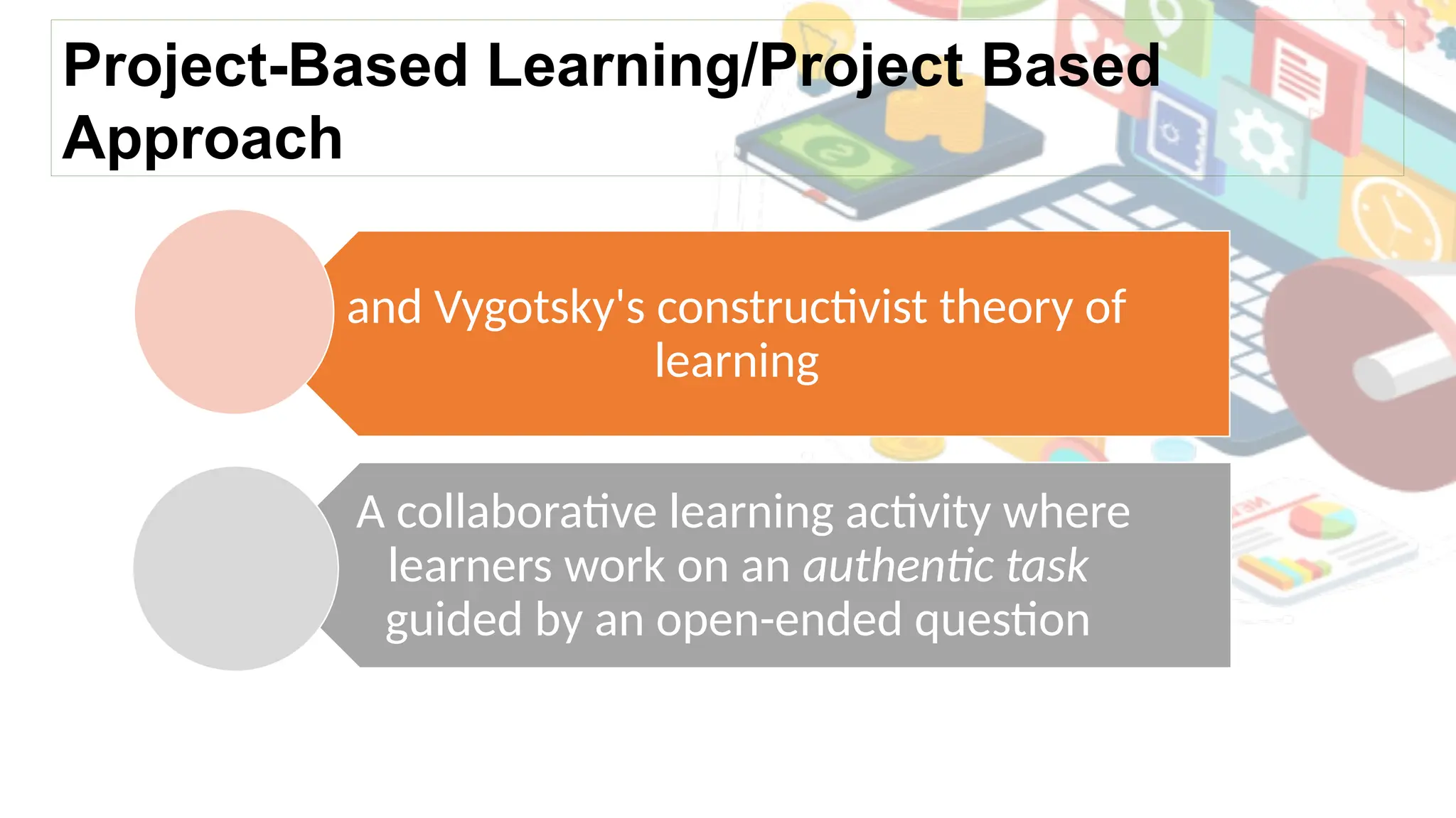 and Vygotsky's constructivist theory of
learning
A collaborative learning activity where
learners work on an authentic task
guided by an open-ended question
Project-Based Learning/Project Based
Approach
 