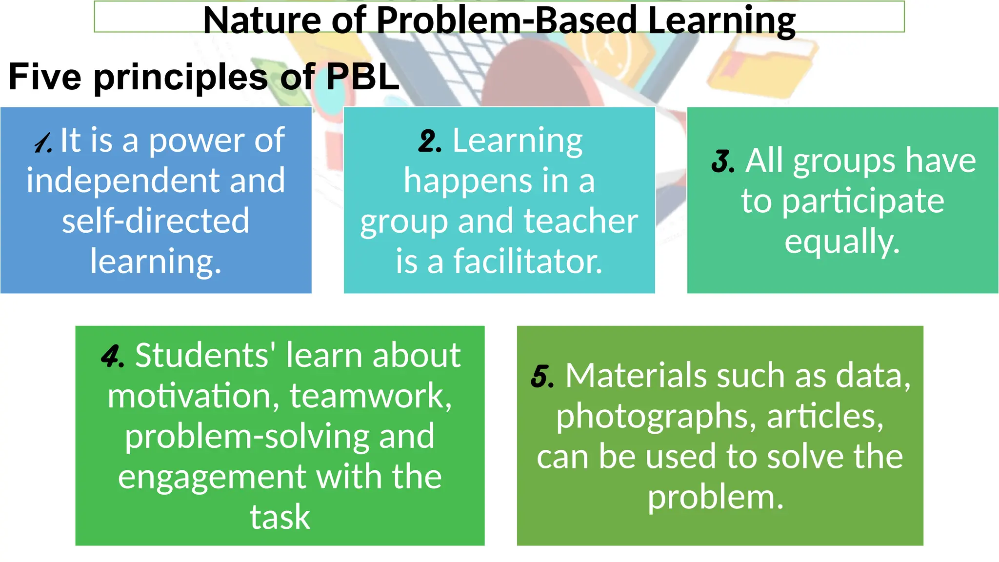 Five principles of PBL
1. It is a power of
independent and
self-directed
learning.
2. Learning
happens in a
group and teacher
is a facilitator.
3. All groups have
to participate
equally.
4. Students' learn about
motivation, teamwork,
problem-solving and
engagement with the
task
5. Materials such as data,
photographs, articles,
can be used to solve the
problem.
Nature of Problem-Based Learning
 