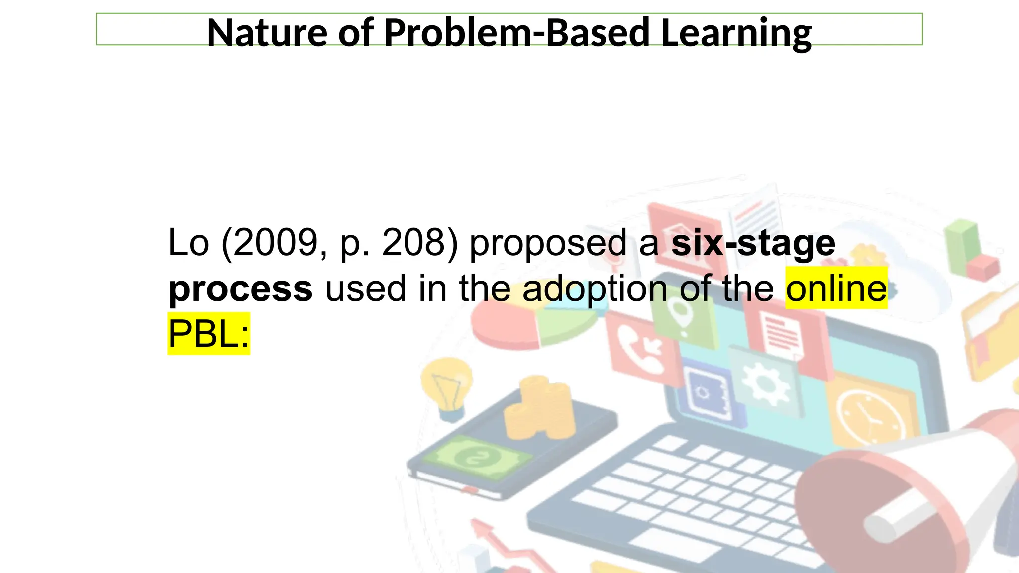 Nature of Problem-Based Learning
Lo (2009, p. 208) proposed a six-stage
process used in the adoption of the online
PBL:
 