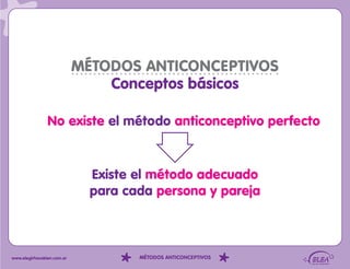 MÉTODOS ANTICONCEPTIVOS
                                Conceptos básicos

                No existe el método anticonceptivo perfecto


                              Existe el método adecuado
                              para cada persona y pareja



www.elegirhacebien.com.ar            MÉTODOS ANTICONCEPTIVOS
 
