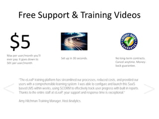 Free Support & Training Videos
$5Max per user/month you’ll
ever pay. It goes down to
50¢ per user/month
No long-term contracts.
Cancel anytime. Money-
back guarantee.
Set up in 30 seconds.
“The eLeaP training platform has streamlined our processes, reduced costs, and provided our
users with a comprehensible learning system. I was able to configure and launch this SaaS
based LMS within weeks, using SCORM to effectively track user progress with built in reports.
Thanks to the entire staff at eLeaP, your support and response time is exceptional.”
Amy Hitchman Training Manager, Host Analytics.
><
 