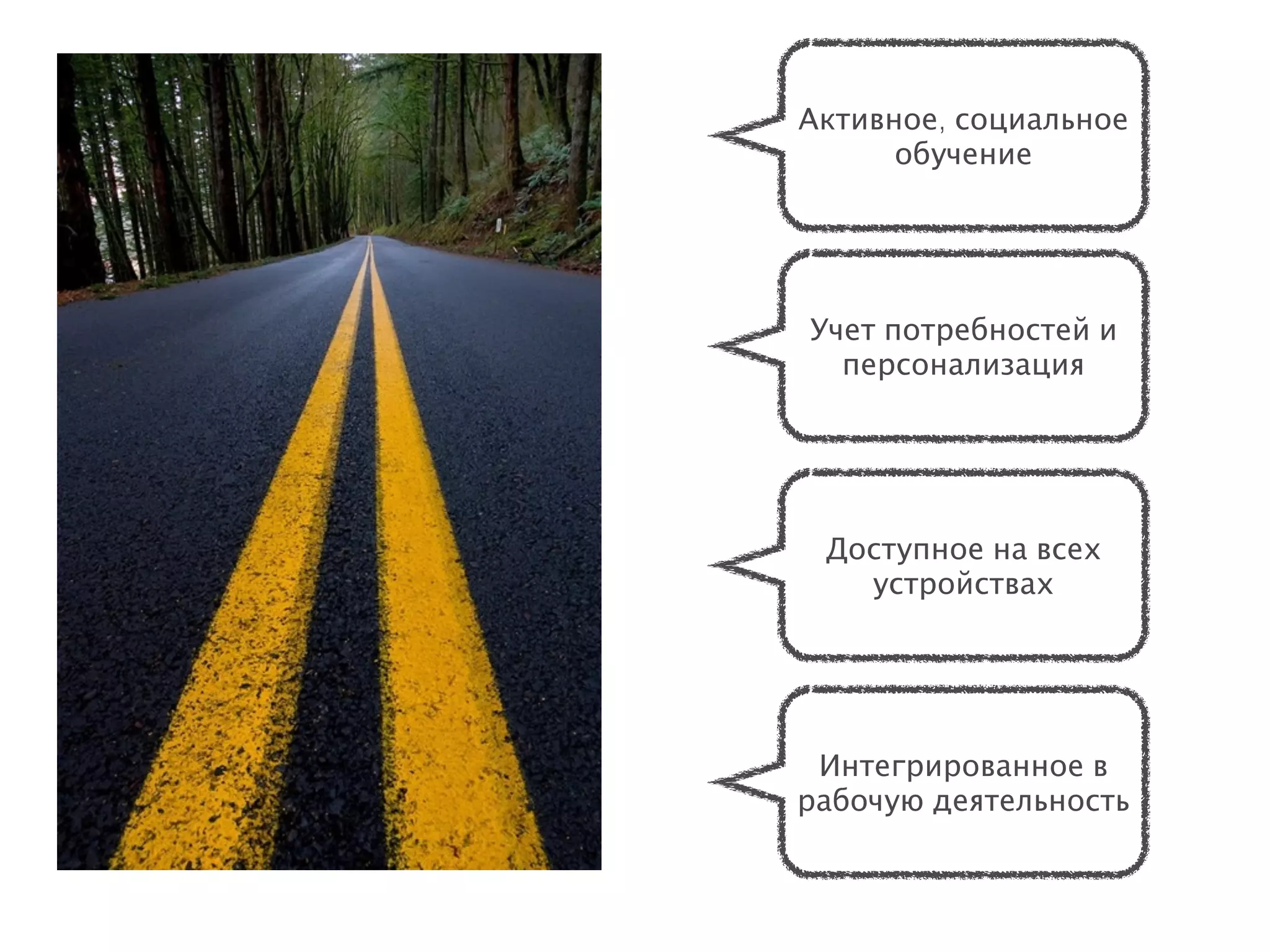 Активное, социальное
      обучение




Учет потребностей и
  персонализация




 Доступное на всех
   устройствах




 Интегрированное в
рабочую деятельность
 