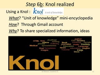 Step 6b: Knol realized
Using a Knol :
 What? “Unit of knowledge” mini-encyclopedia
 How? Through Gmail account
 Why? To share specialized information, ideas




                  KA Watson, Coastline CC   11
 