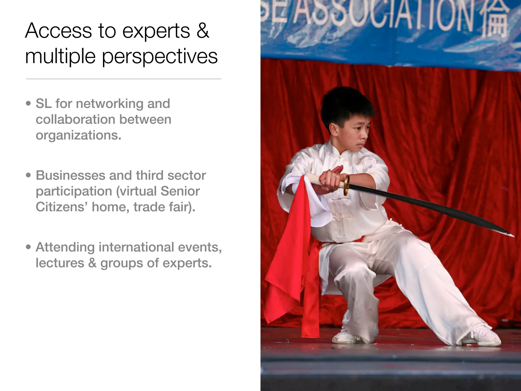 Access to experts &
multiple perspectives

• SL for networking and
  collaboration between
  organizations.


• Businesses and third sector
  participation (virtual Senior
  Citizens’ home, trade fair).


• Attending international events,
  lectures & groups of experts.
 