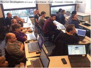 Réunion Développeurs

30-31 Janvier :

2 Saint Etienne – 5 Lyon – 5 Louvain - 4 Grenoble – 2 Orange

 