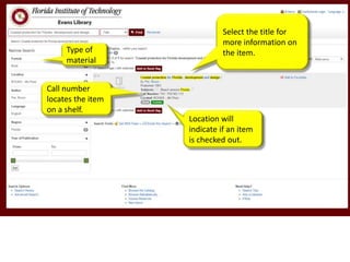 Select the title for
more information on
the item.
Location will
indicate if an item
is checked out.
Call number
locates the item
on a shelf.
Type of
material
 