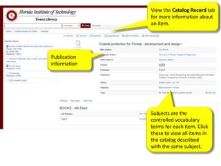 View the Catalog Record tab
for more information about
an item.
Subjects are the
controlled vocabulary
terms for each item. Click
these to view all items in
the catalog described
with the same subject.
Publication
information
 