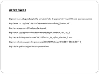 REFERENCES http://www.uoc.edu/portal/english/la_universitat/sala_de_premsa/entrevistes/2008/lani_gunawardena.html http://www.col.org/SiteCollectionDocuments/Ahooja-Patel_Women.pdf http://www.tgslc.org/pdf/StudiesonBarriers.pdf http://www.ucc.ie/publications/heeu/Minority/taylor.htm#FOOTNOTE_6 http://www.dmiblog.com/archives/2007/10/barriers_to_higher_education_1.html http://www3.interscience.wiley.com/journal/119072977/abstract?CRETRY=1&SRETRY=0 http://www.sportsci.org/jour/9901/wghreview.html 