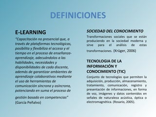 DEFINICIONES E-LEARNING “ Capacitación no presencial que, a través de plataformas tecnológicas, posibilita y flexibiliza el acceso y el tiempo en el proceso de enseñanza-aprendizaje, adecuándolos a las habilidades, necesidades y disponibilidades de cada discente, además de garantizar ambientes de aprendizaje colaborativos mediante el uso de herramientas de comunicación síncrona y asíncrona, potenciando en suma el proceso de gestión basado en competencias”   (García Peñalvo) SOCIEDAD DEL CONOCIMIENTO Transformaciones sociales que se están produciendo en la sociedad moderna y sirve para el análisis de estas transformaciones.   (Krüger, 2006) TECNOLOGIA DE LA INFORMACIÓN Y CONOCIMIENTO (TIC) Conjunto de tecnologías que permiten la adquisición, producción, almacenamiento, tratamiento, comunicación, registro y presentación de informaciones, en forma de voz, imágenes y datos contenidos en señales de naturaleza acústica, óptica o electromagnética. (Rosario, 2005). 