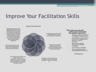 Improve Your Facilitation Skills“The instructor should realize and account for the student experienceoffering simple assessments on computer skills needed,introductions at the start of a course (let students post pictures - make it personal), offer links to student resources (including remedial),provide clear schedules, have scheduled instant messaging/chat times, etc.”Bill Hopkinson